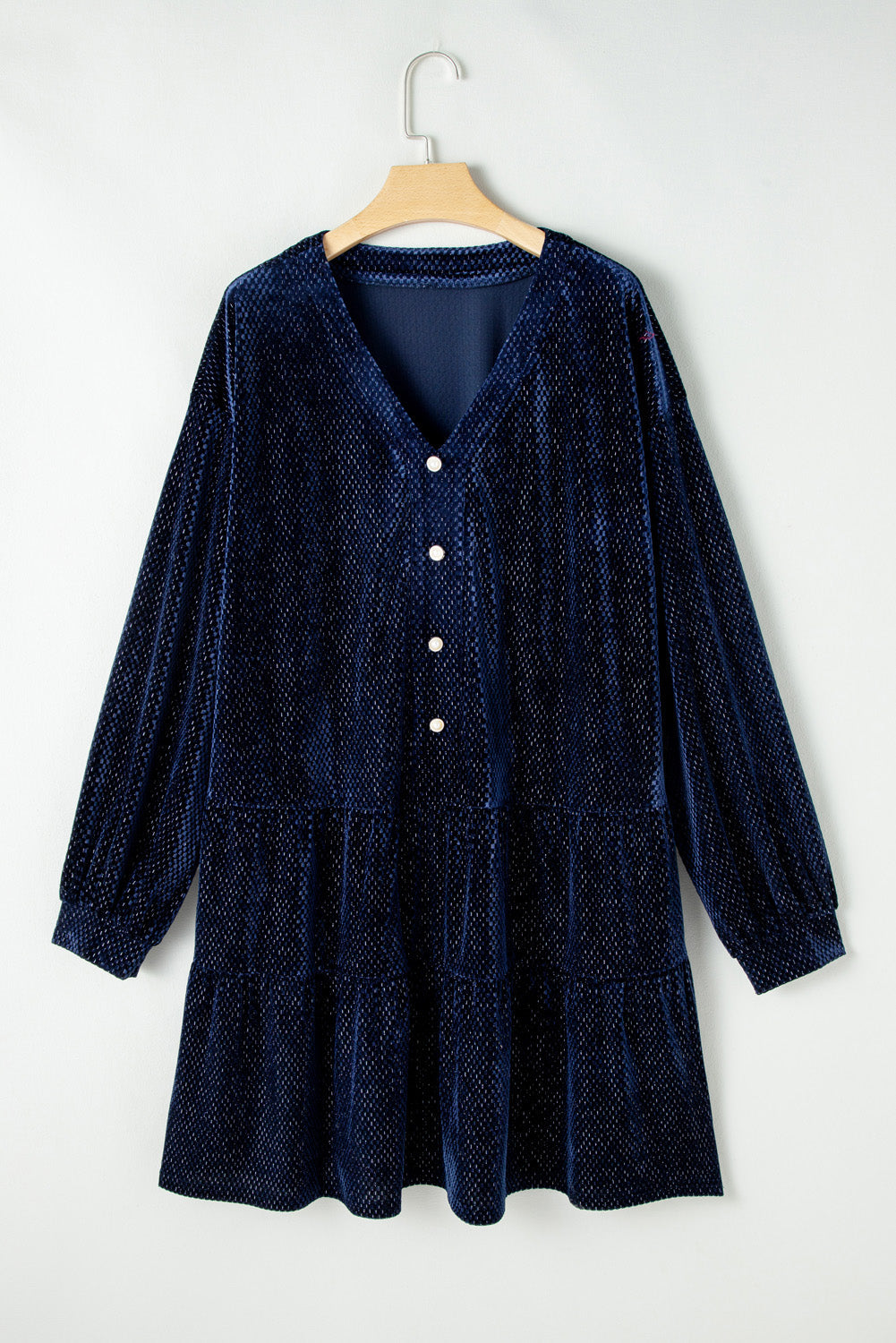 Plus Size Textured Velvet Buttoned Tiered Dress