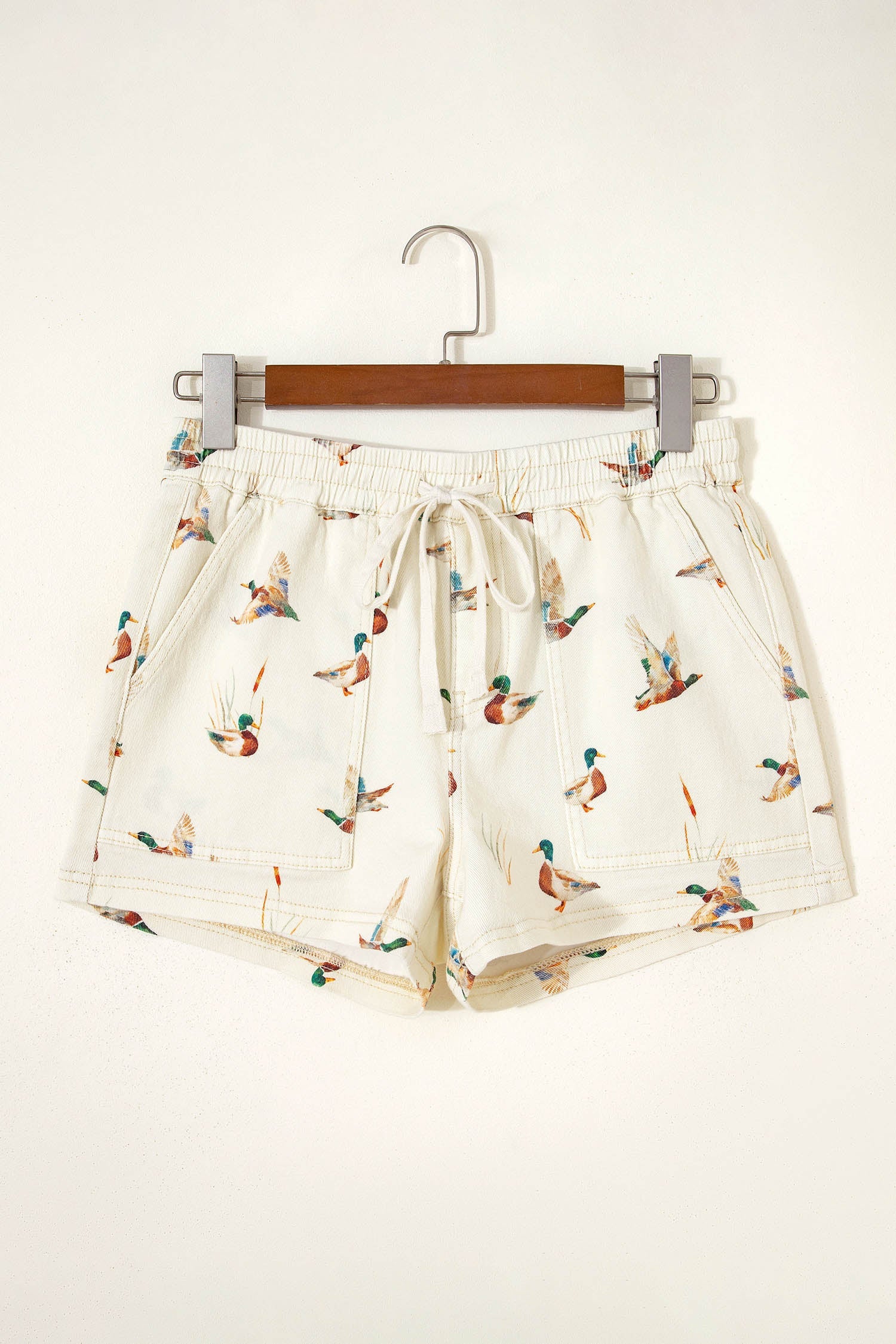 Mallard Duck Print Denim Drawstring Shorts Relaxed Fit