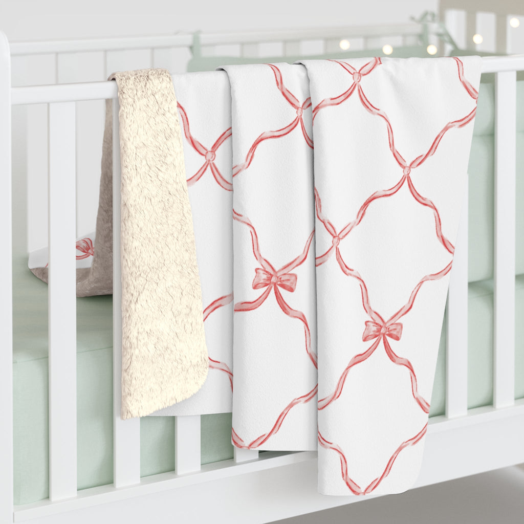 Three Bees Trellis Bow Cozy Sherpa Fleece Blanket - Red