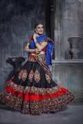 Black and red designer art silk lehenga choli with blue dupatta