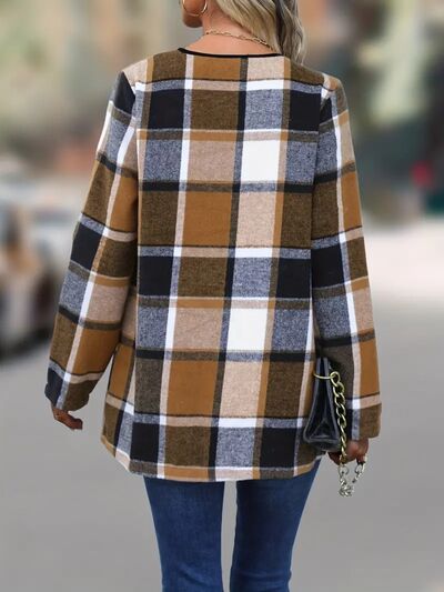 Elegant Plaid Open-Front Long Sleeve Jacket Lightweight