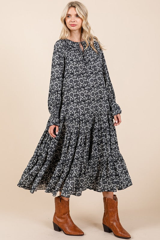 Printed Midi Dress with Tie Neck and Flounce Sleeves