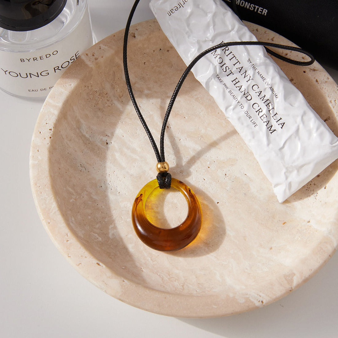 Amber-Colored Resin Long Necklace with Minimalist Black Cord