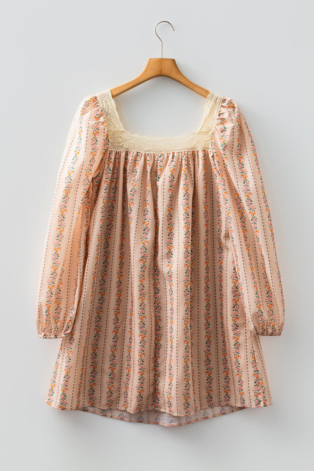 Khaki Floral Lace Velvet Bow Mini Dress | Long Sleeve Loose Fit