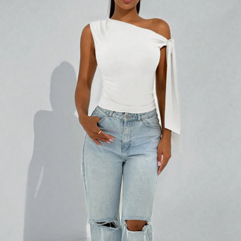 White One-Shoulder Asymmetrical Tie-Shoulder Going Out Party Top