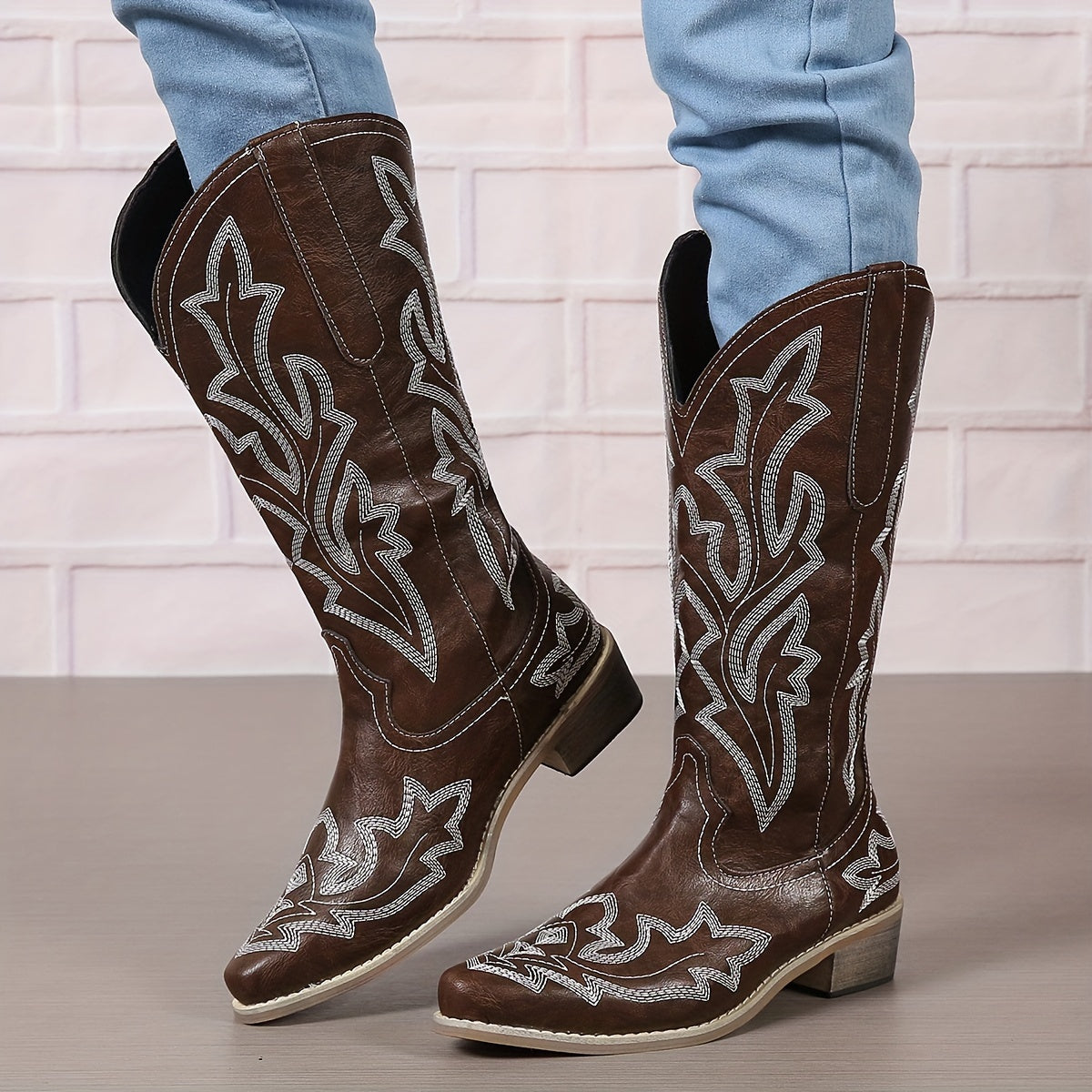 Mid Calf Women's V-cut Embroidery Western Cowgirl Boots