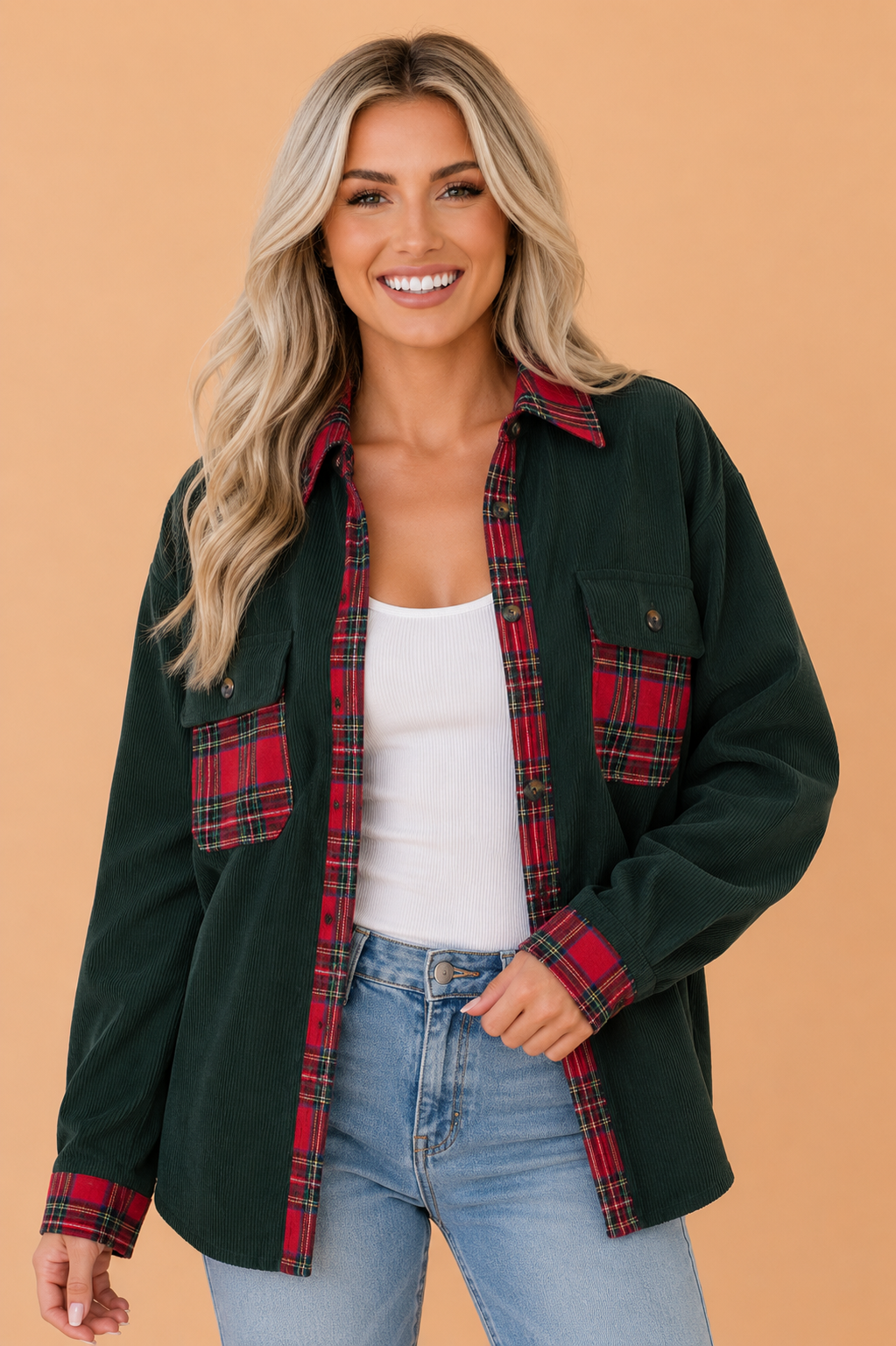 Plaid Patchwork Buttoned Chest Pocket Shacket