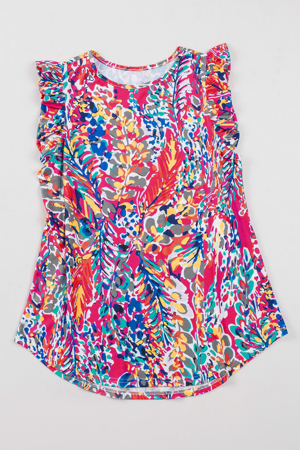 Rosy Boho Abstract Print Ruffle Sleeveless Babydoll Shirt