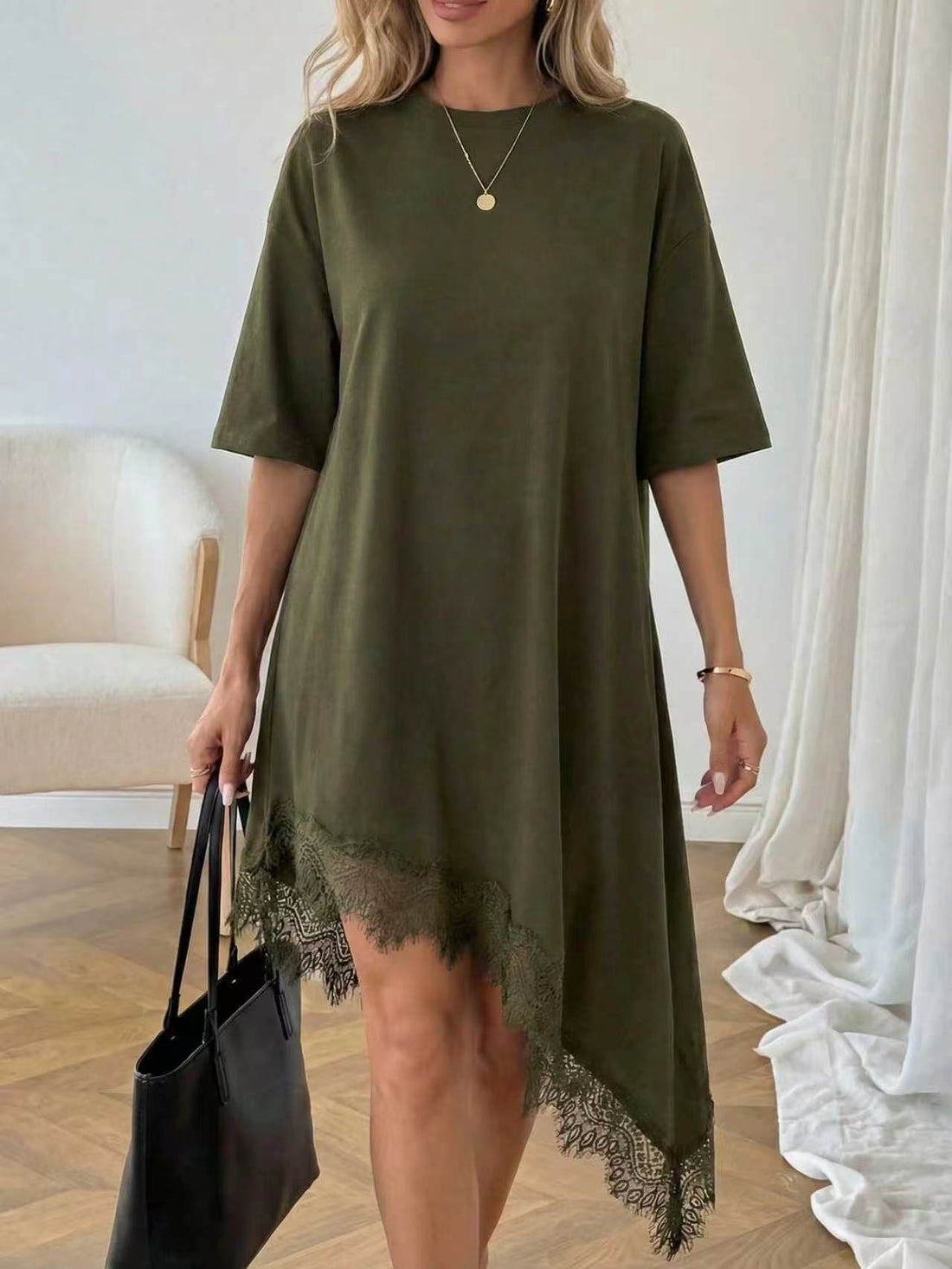 Women's Lace Trim Asymmetric Three-Quarter Sleeve Dress