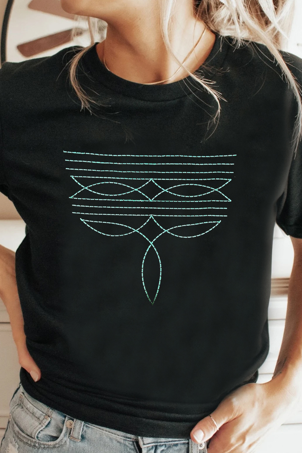 Black Western Geometric Embroidered T-Shirt