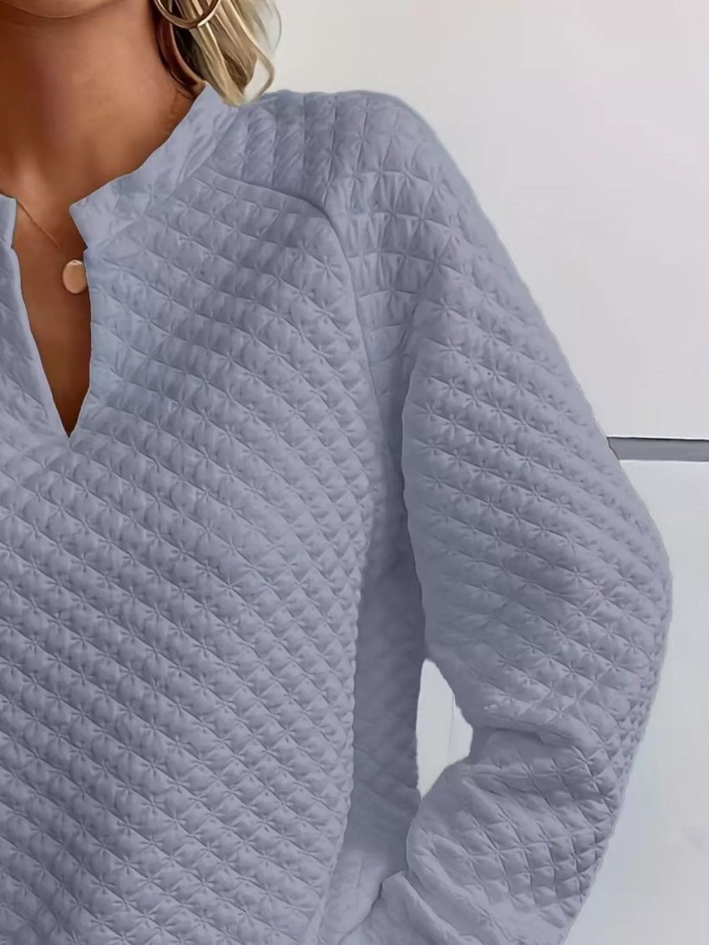 White Quilted Notched Neck Long Sleeve Sweatshirt - Image 8