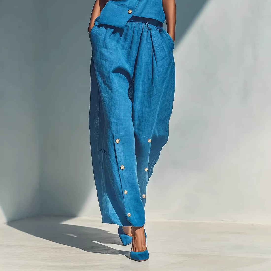 Women's Asymmetrical Button Camisole and Wide Leg Pant Set - Image 5