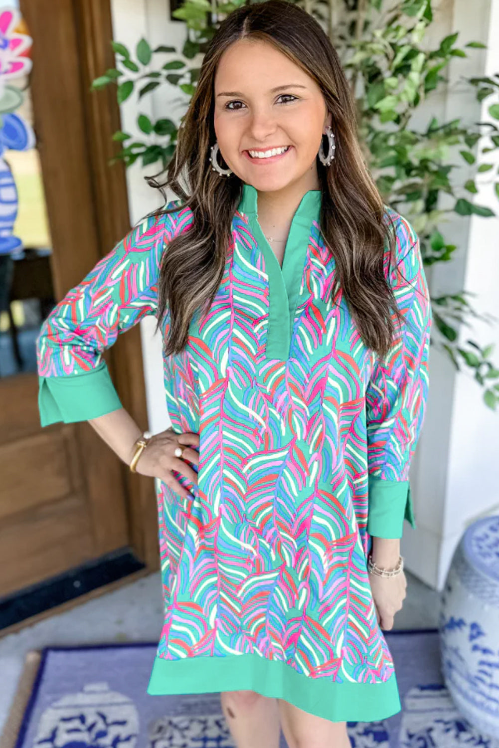 Green Abstract Print Split Neck Shift Dress | Cotton Mini