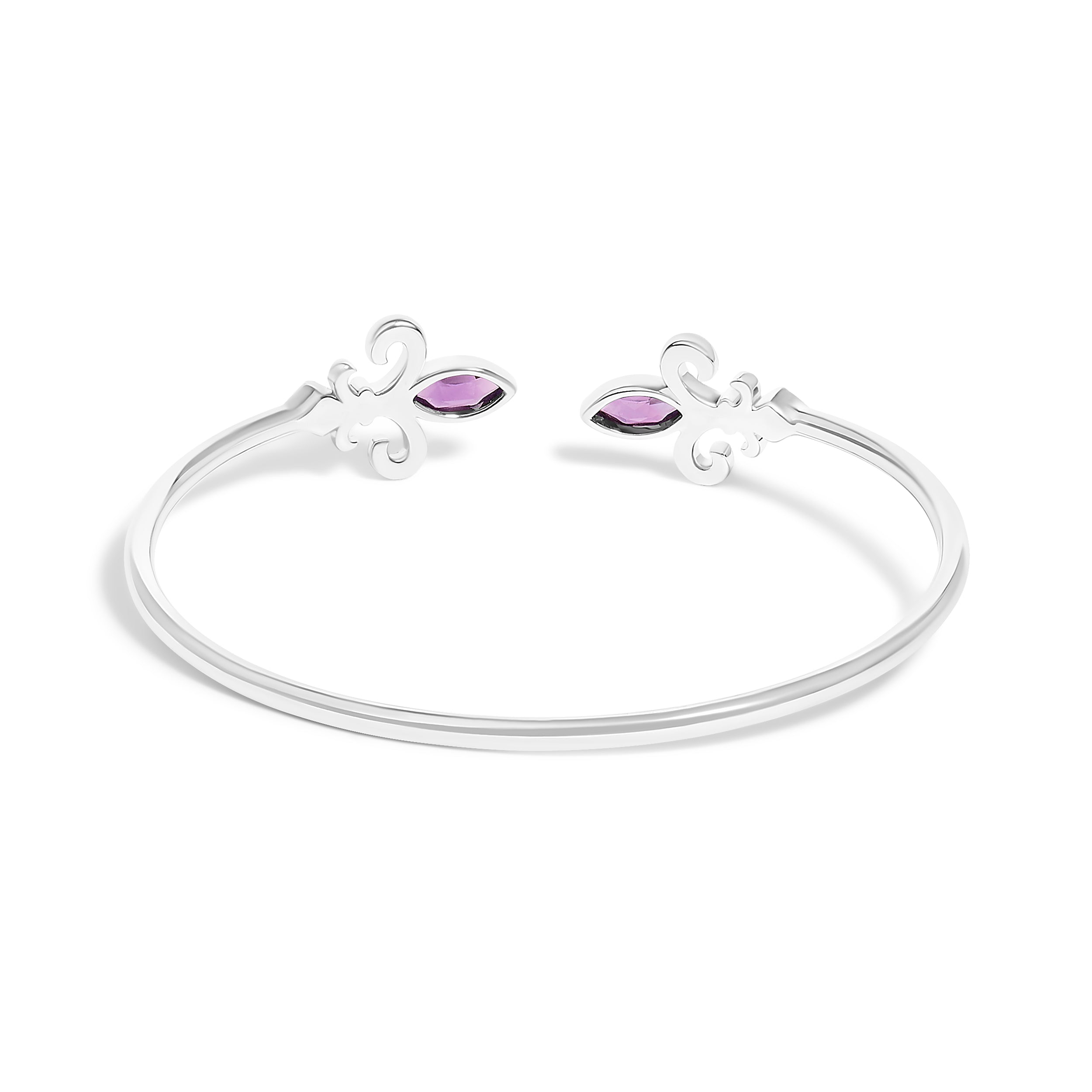 .925 Sterling Silver 8X4MM Marquise Purple Amethyst and Diamond Accent Fleur Di Lis Open Cuff Bangle (I-J Color, I1-I2 Clarity) - 7"