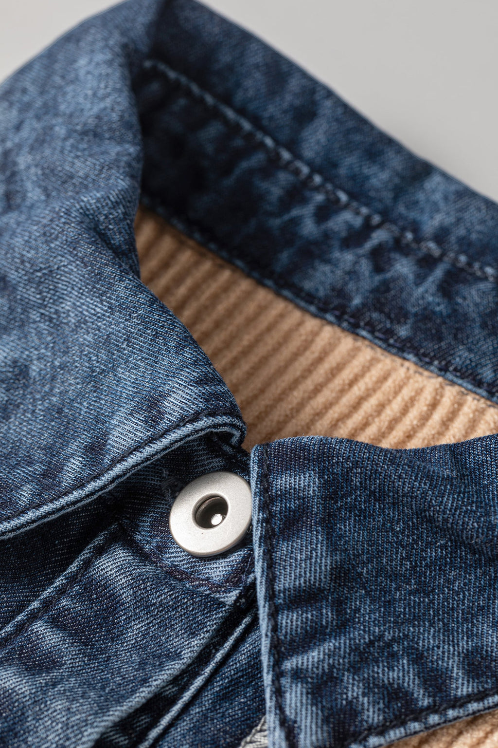 Denim Patchwork Collar Ribbed Knit Buttoned Cardigan