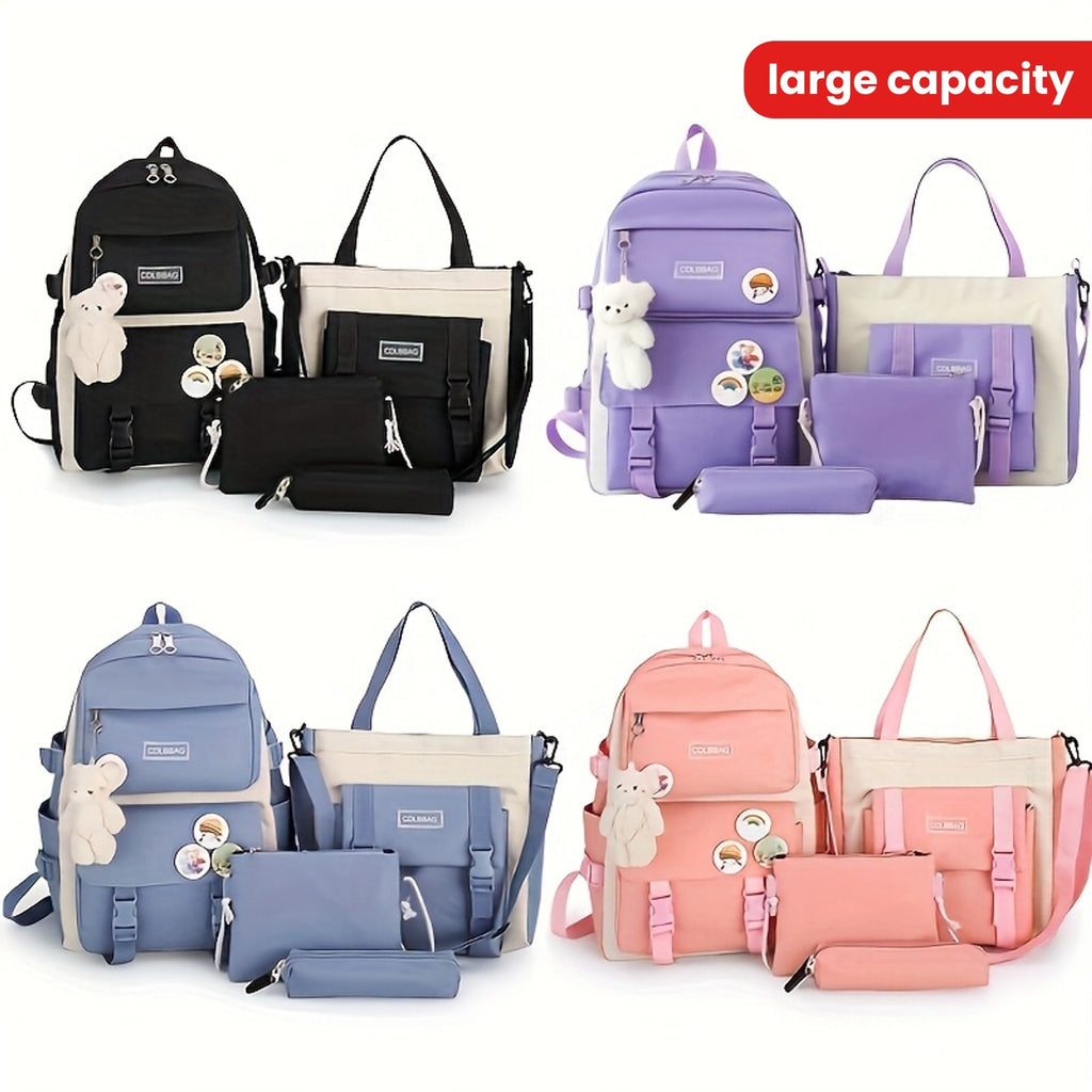 4pc Large Capacity Canvas Backpack for Teens School  Travel