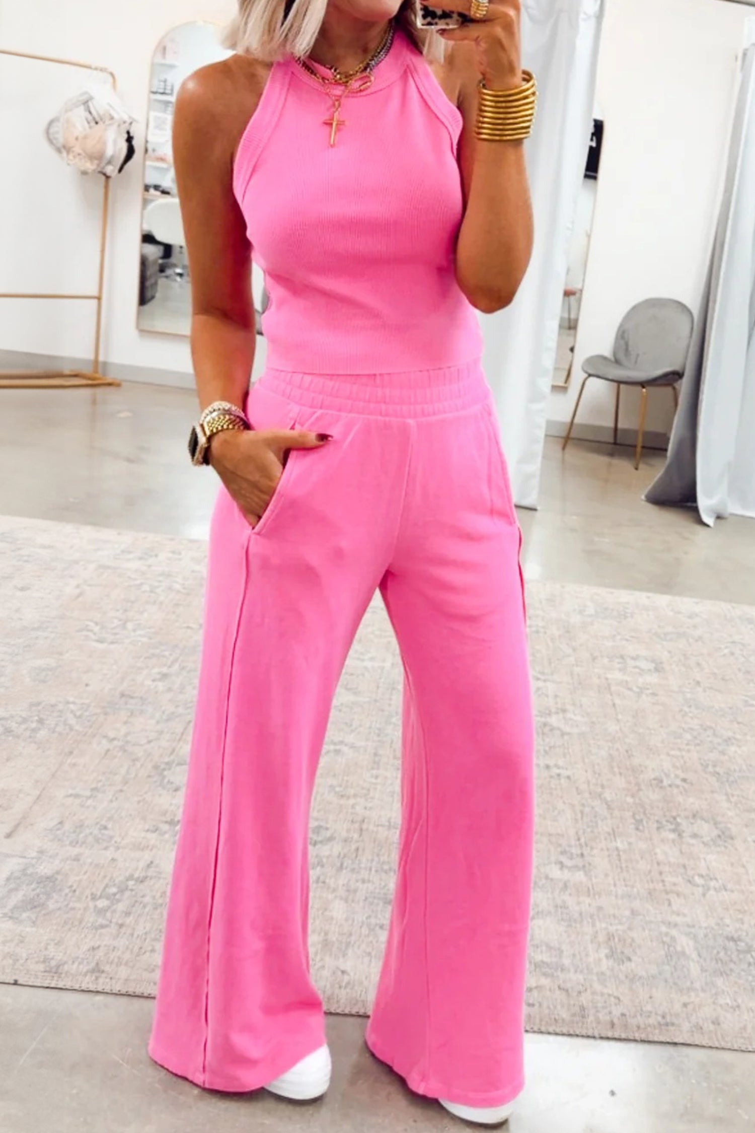 Sachet Pink Slim Ribbed Tank Top & Sweatpants Set