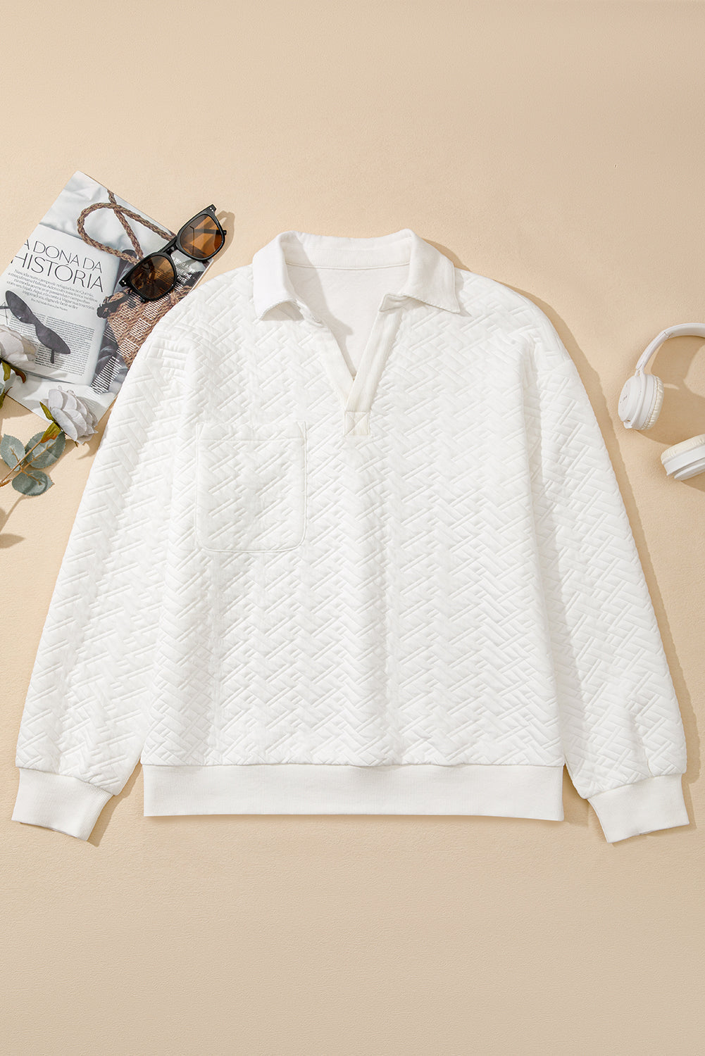 Textured Knit Collared V-Neck Pullover Sweatshirt