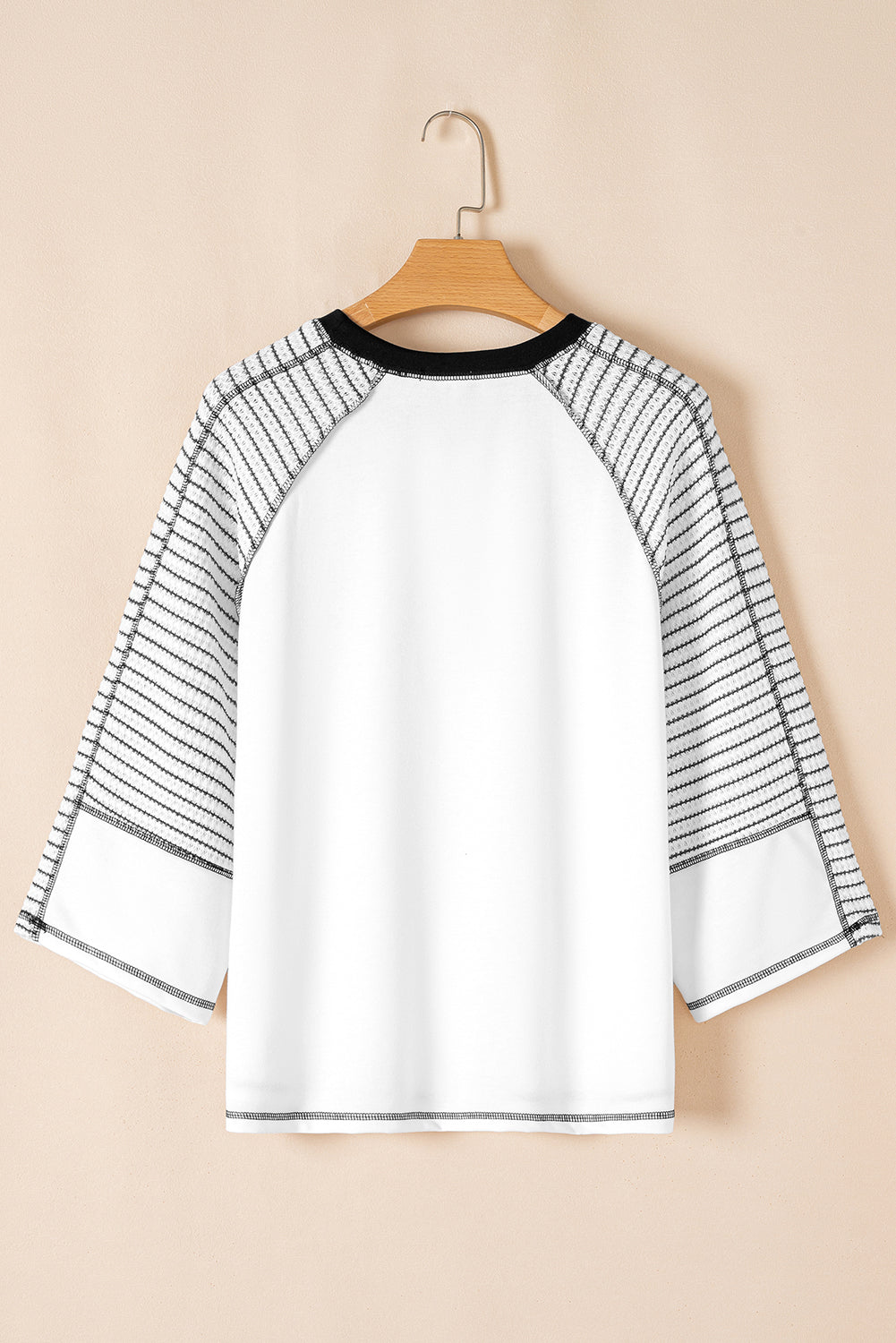 White Patchwork Raglan Sleeve Top with Striped Bracelet Sleeves - Image 2