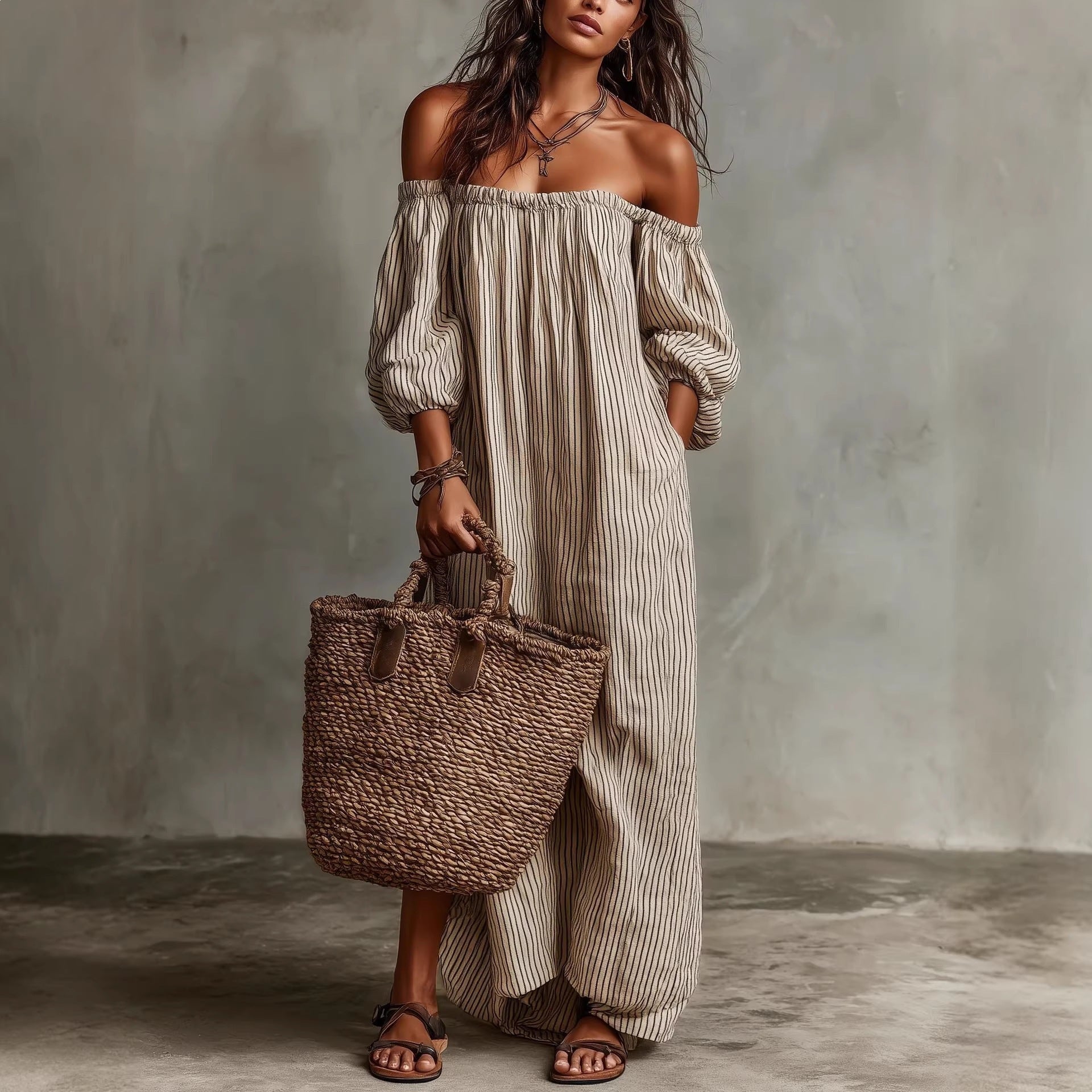 Striped Off-Shoulder Long-Sleeve Maxi Dress for Women - Image 5