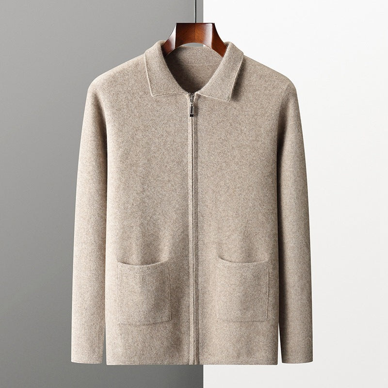 A minimalist men's zip-front knit cardigan in a neutral camel color, featuring a collared neckline and long sleeves.