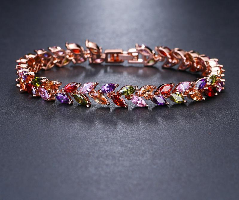 Leaf Charm Bracelet with AAA Cubic Zircon Stones