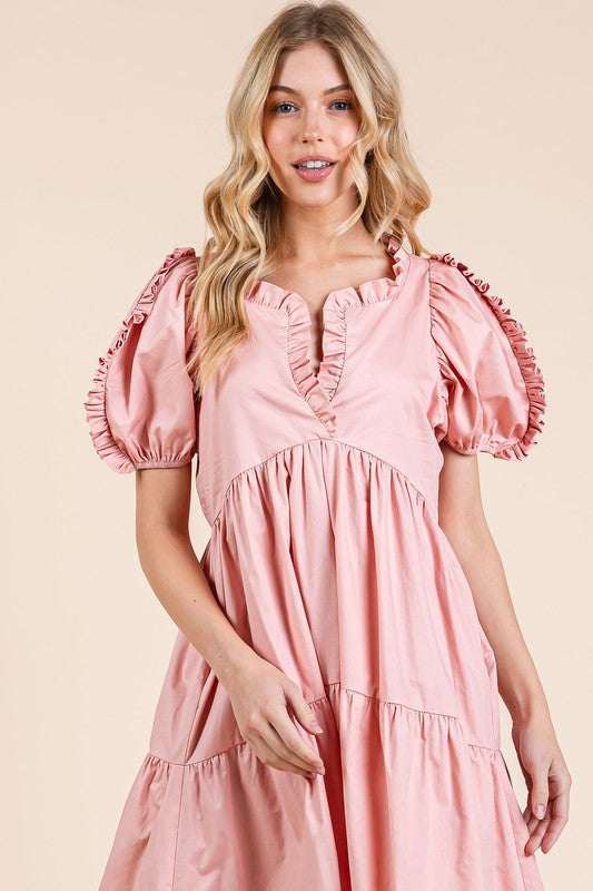 Ruffle Trim Puff Sleeve Tiered Babydoll Midi Dress