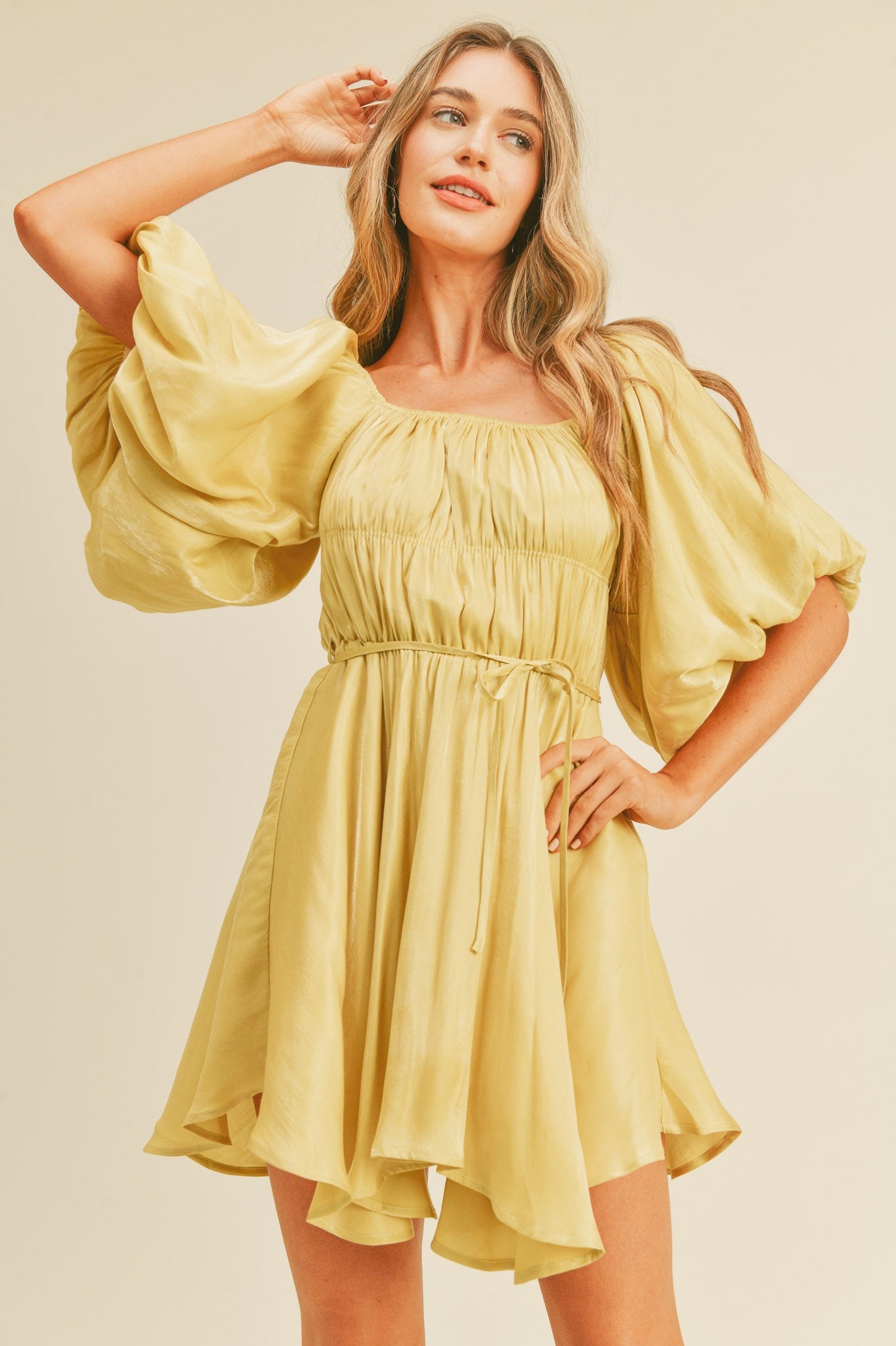 Yellow Metallic Bubble Sleeve Flared Mini Dress for Women - Image 2