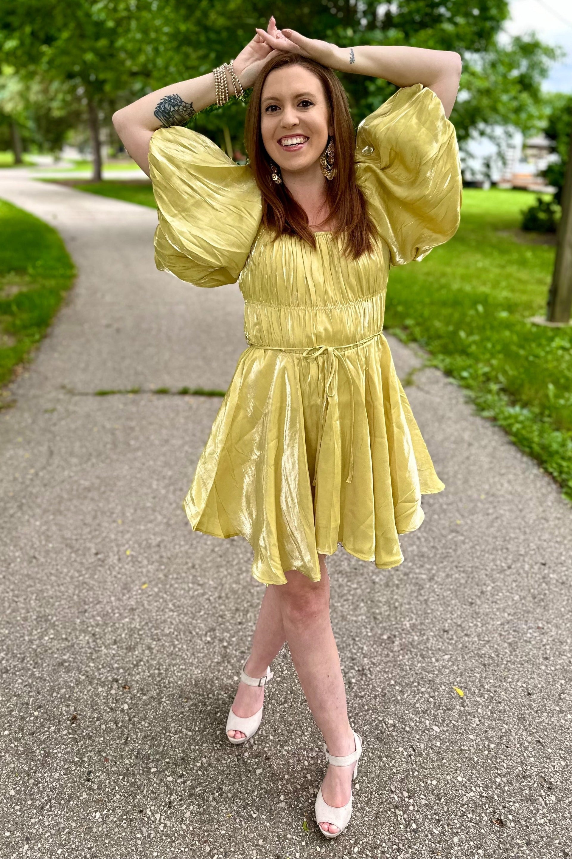 Yellow Metallic Bubble Sleeve Flared Mini Dress for Women - Image 6