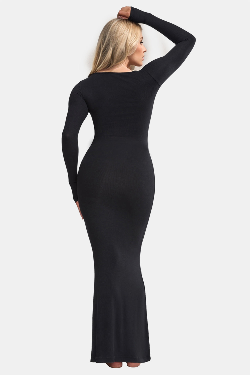 Caramel Square Neck Long Sleeve Maxi Dress with Built-In Shapewear