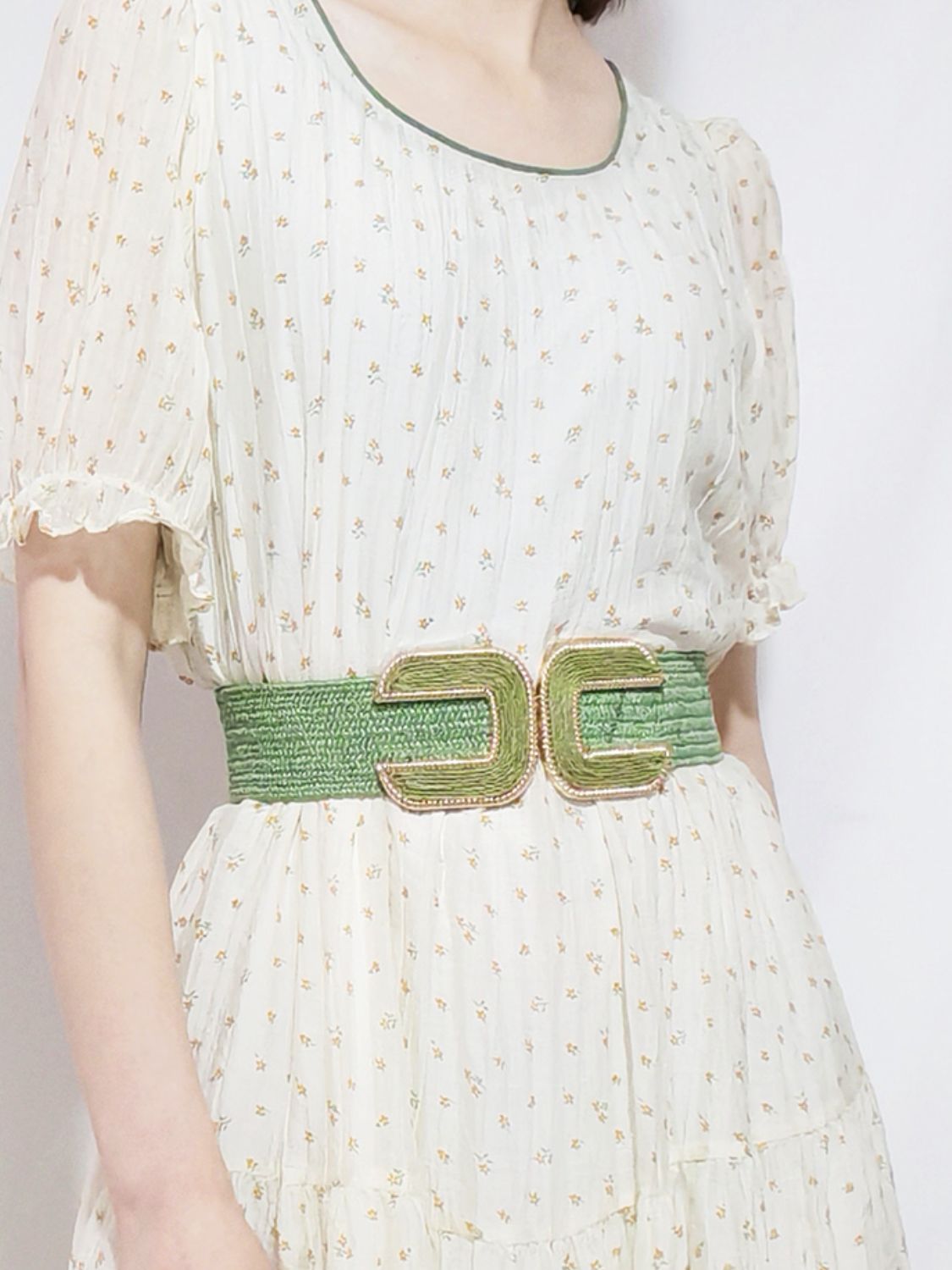 Wide Braid Stretch Belt with Statement Buckle in Sage Green