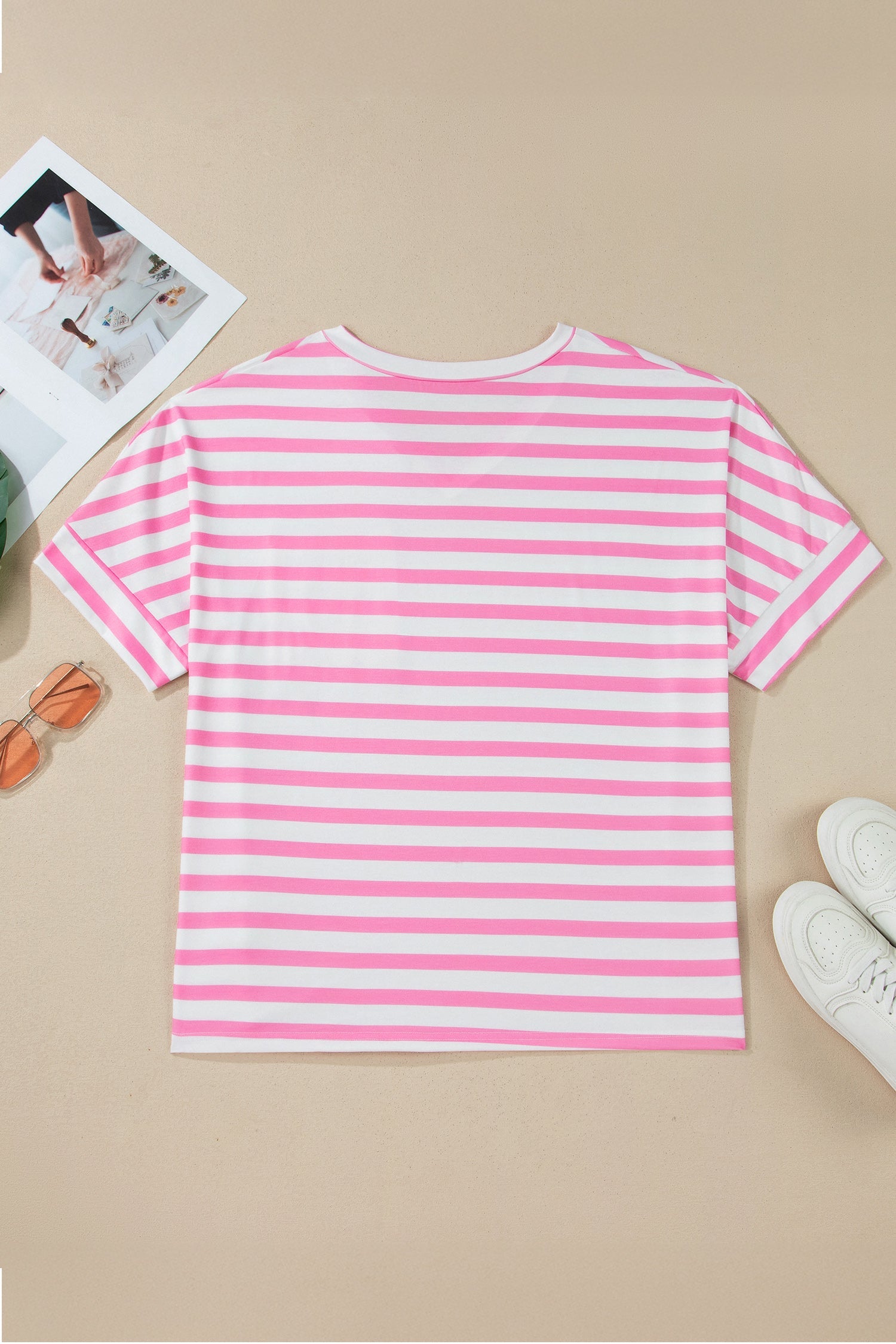 Pink and White Striped V-Neck Tee with Colorblock Pocket - Image 3