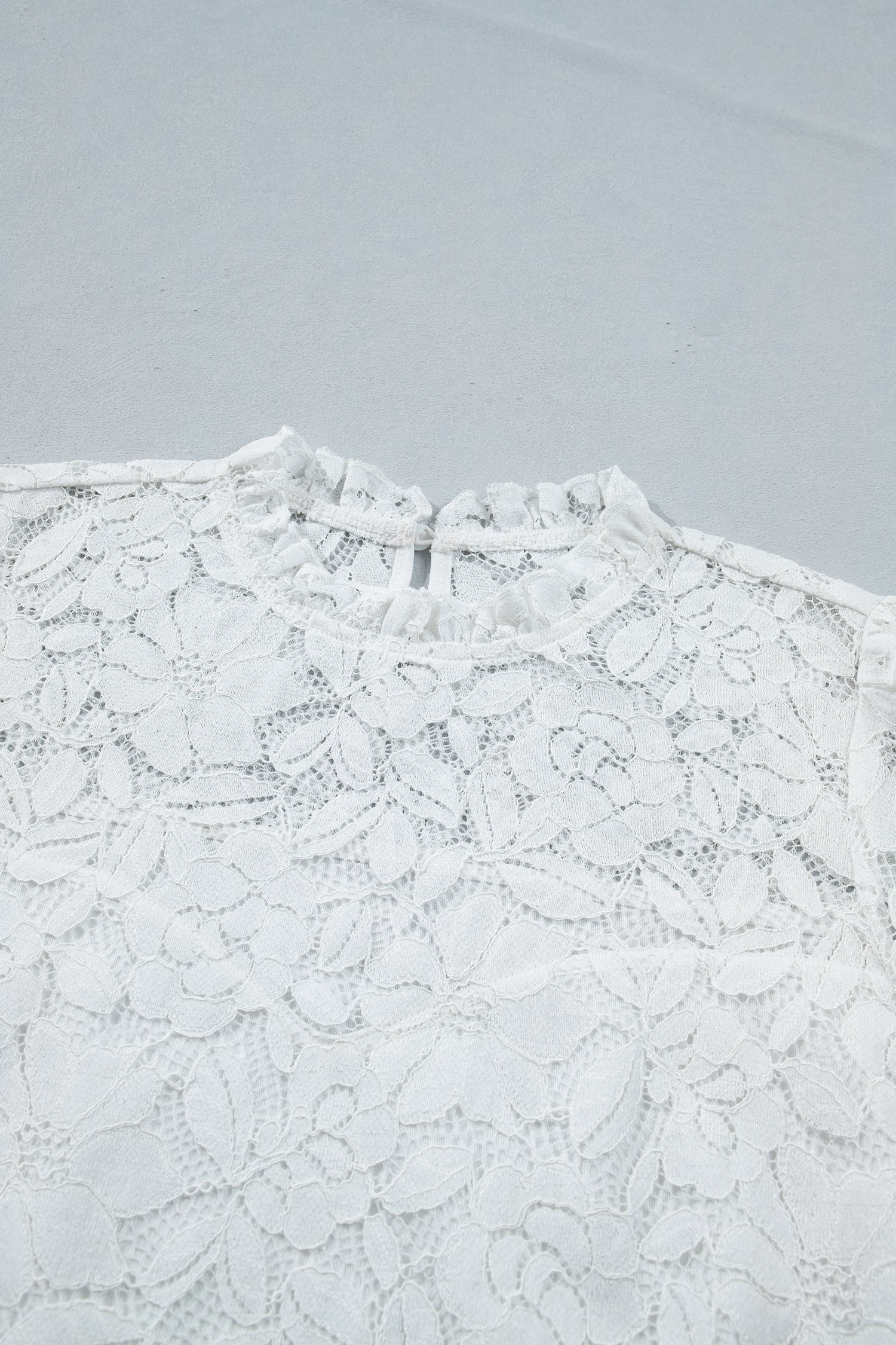 Lace Ruffle Round Neck Flounce Sleeve Blouse in White