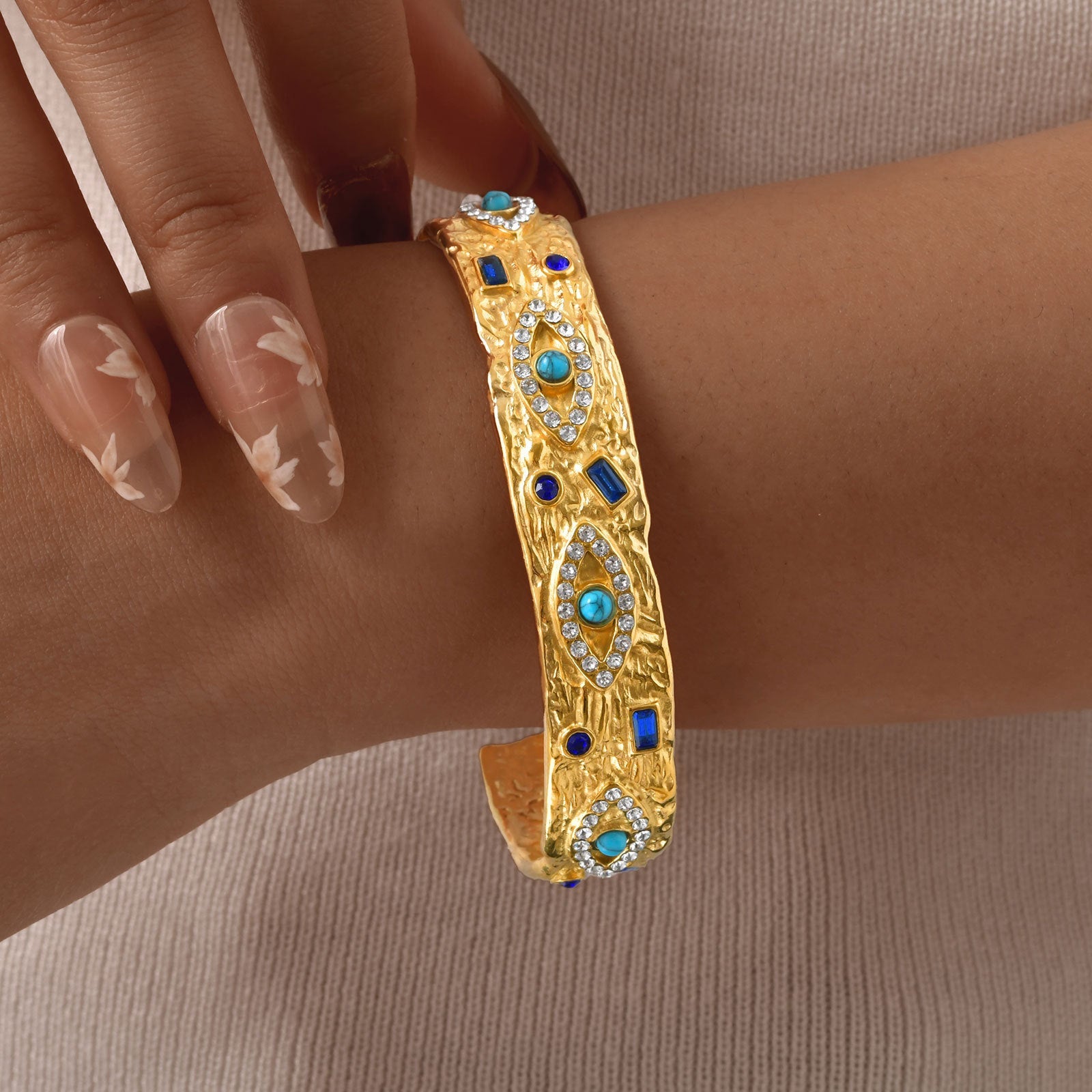 Gold Tone Stainless Steel Zircon Turquoise Eye Open Cuff Bracelet