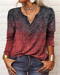 Women's Ethnic Print V-Neck Long Sleeve Henley T-Shirt - Image 4
