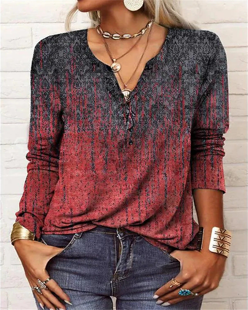 Women's Ethnic Print V-Neck Long Sleeve Henley T-Shirt - Image 4