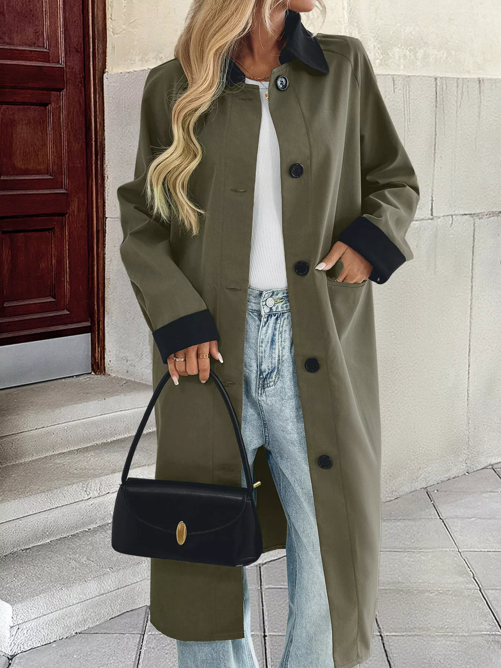 Contrast Collar Button Up Coat