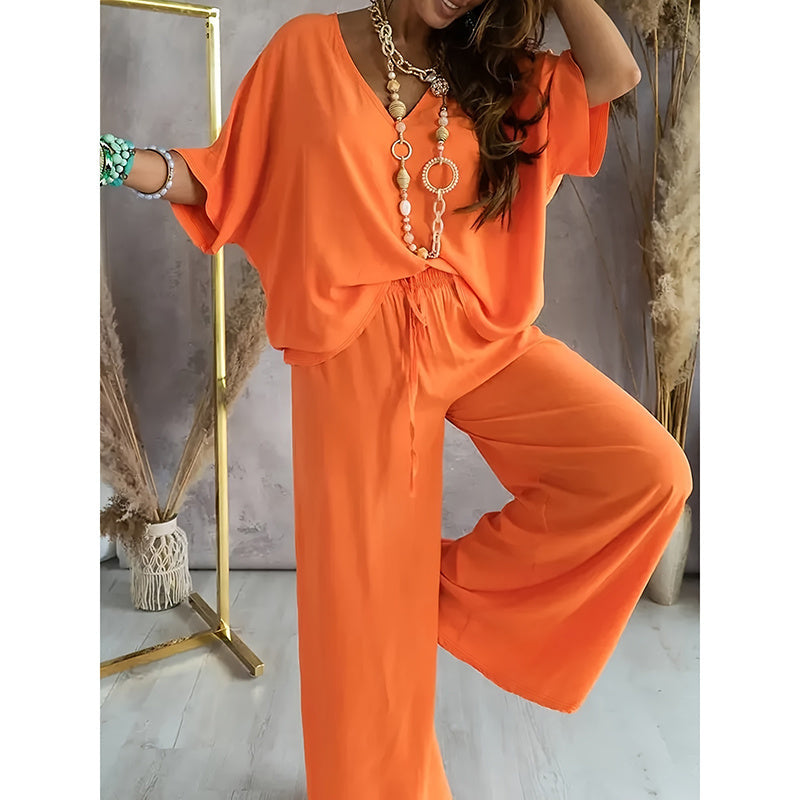 Women’s Two-Piece Lounge Set with Wide Leg Pants in Vibrant Orange - Image 9