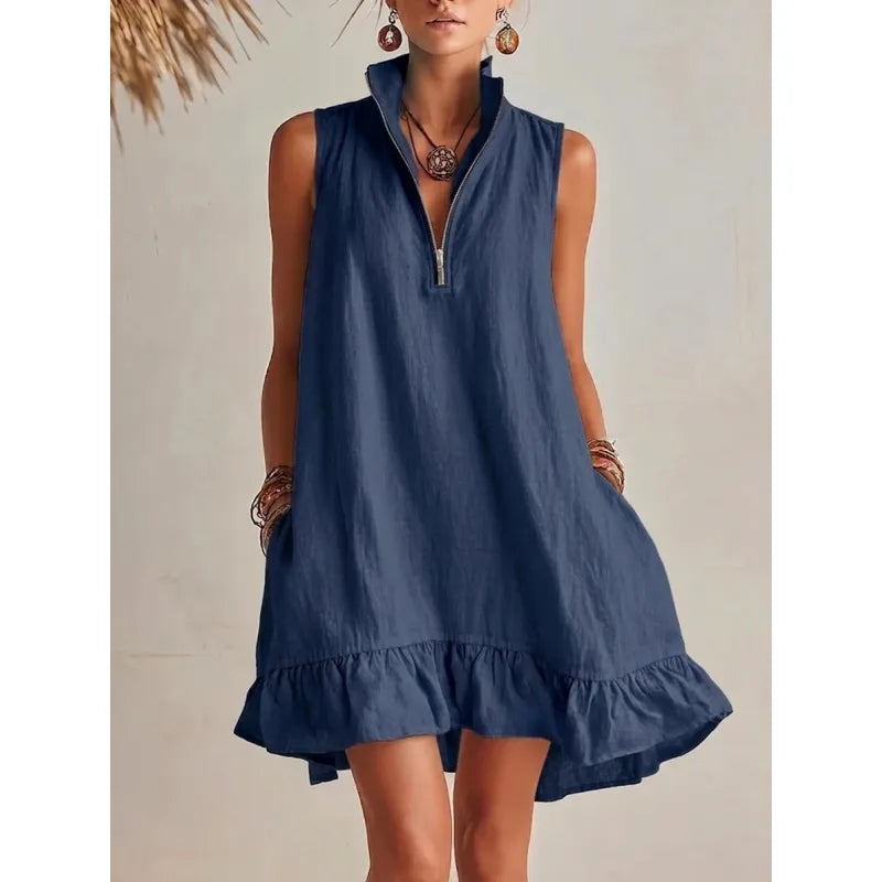 Women's Casual Sleeveless Half-Zip Mini Dress with Ruffle Hem