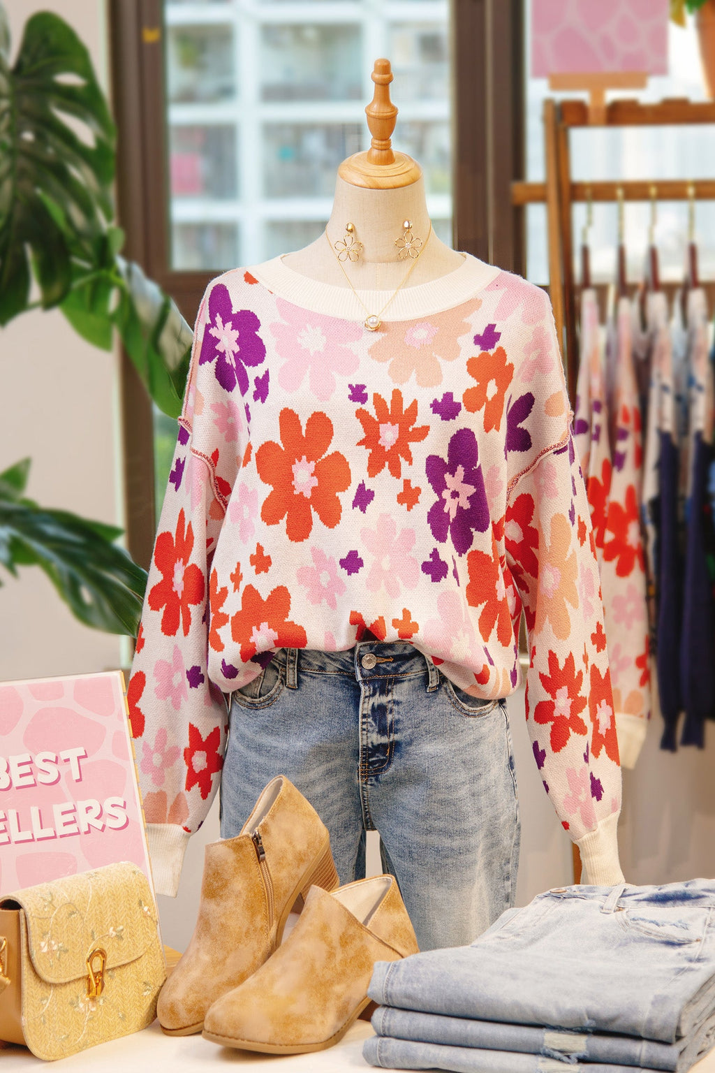 Floral Ribbed Trim Drop Shoulder Sweater
