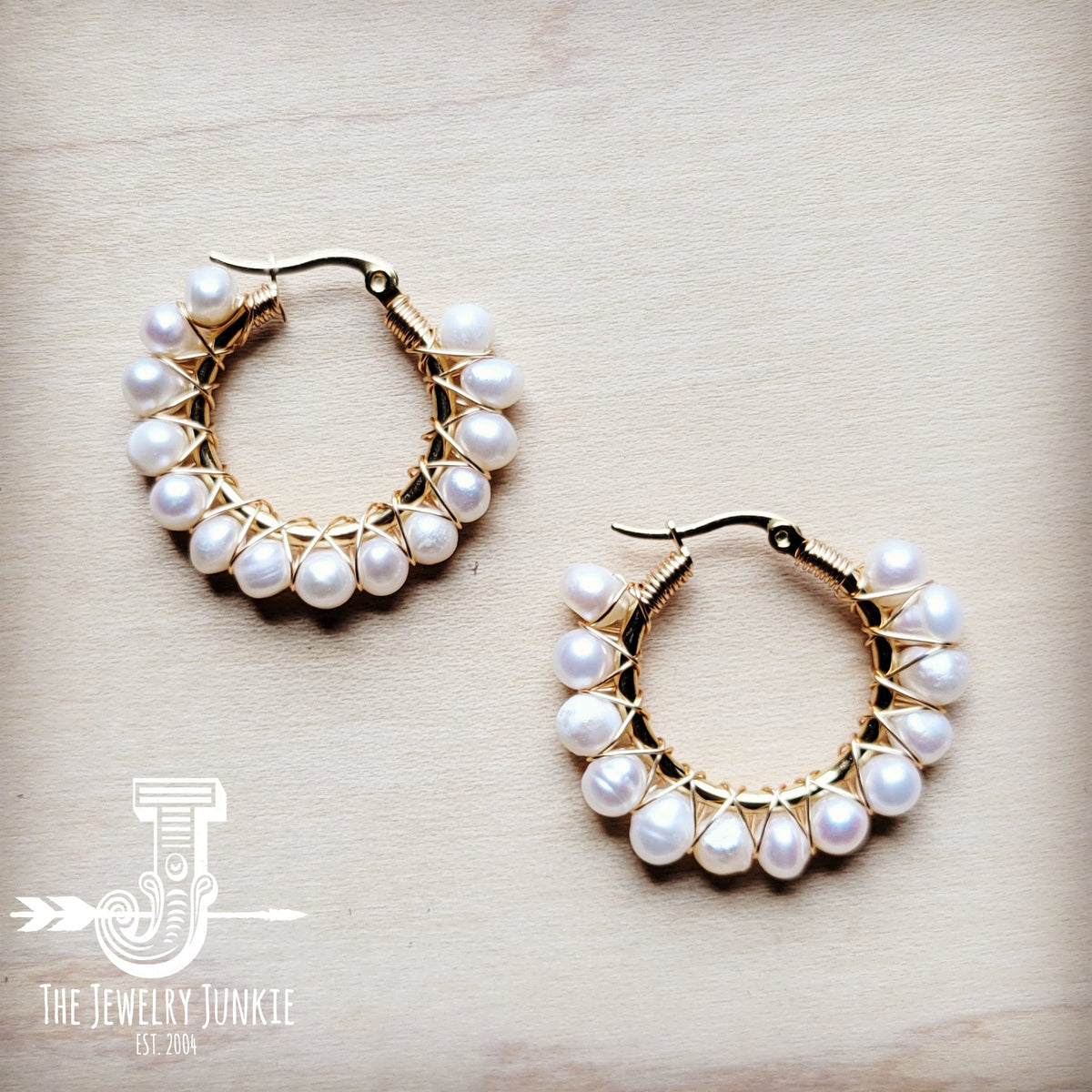 Wire Wrapped Freshwater Pearl Hoop Earrings