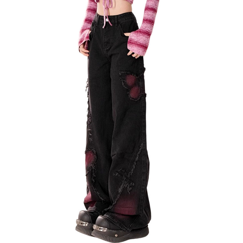 Washed Black Wide Leg Distressed Butterfly Denim Pants - Image 3
