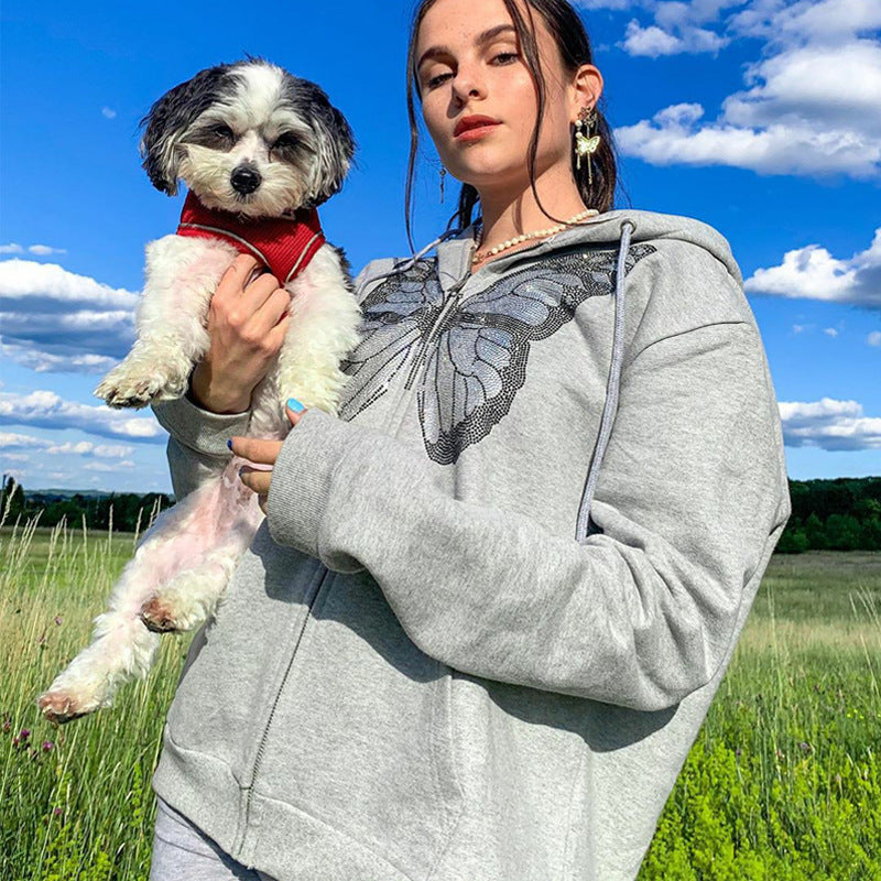 Women's Black & Grey Graphic Butterfly Long Sleeve Zip Hoodie - Image 3