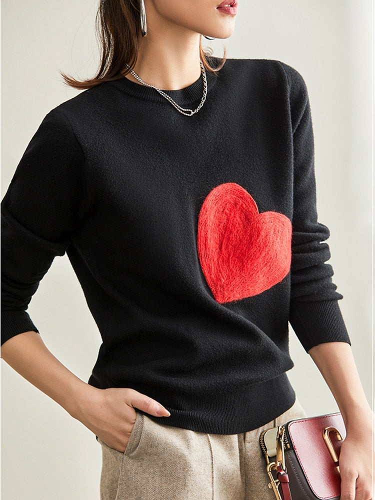 Harajuku Style Women's Black Knit Crewneck Sweater with Red Heart - Image 2