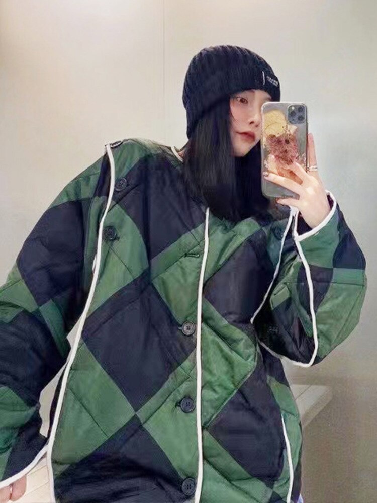 Women's Harajuku Green & Black Quilted Cotton-Padded Coat - Image 2