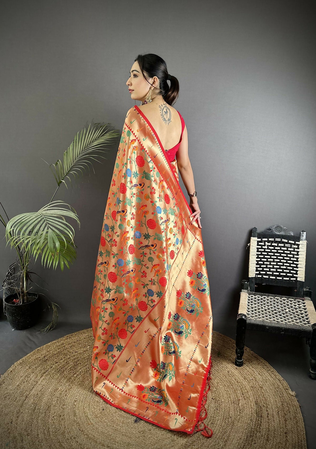 Reddish Pink Soft Silk Paithani Saree with Mughal-Inspired Motifs