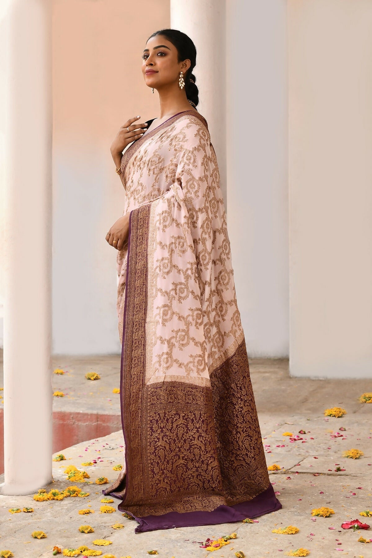 Ivory Crepe Chiffon Handloom Banarasi Silk Saree