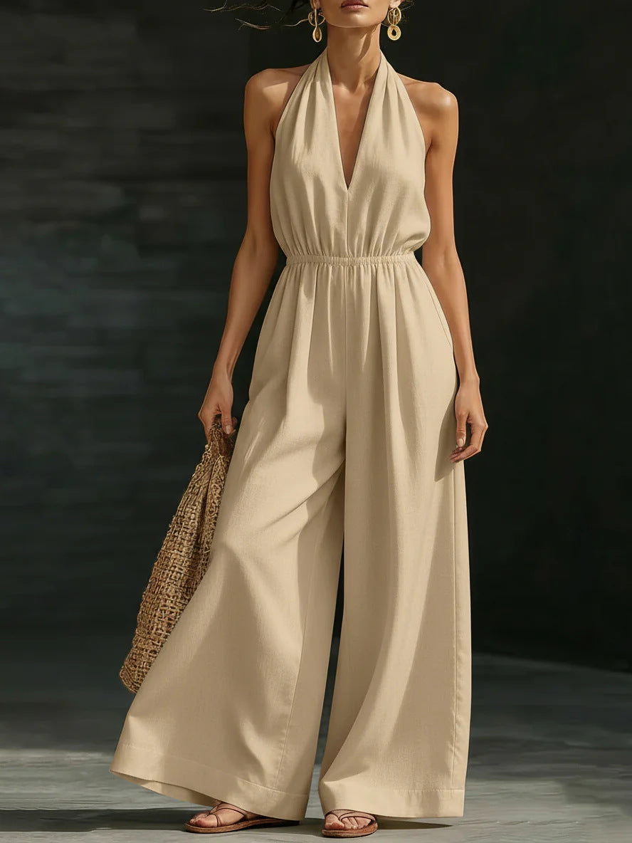 Women’s V-Neck Halter Neck Wide-Leg Sleeveless Jumpsuit