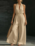 Women’s V-Neck Halter Neck Wide-Leg Sleeveless Jumpsuit