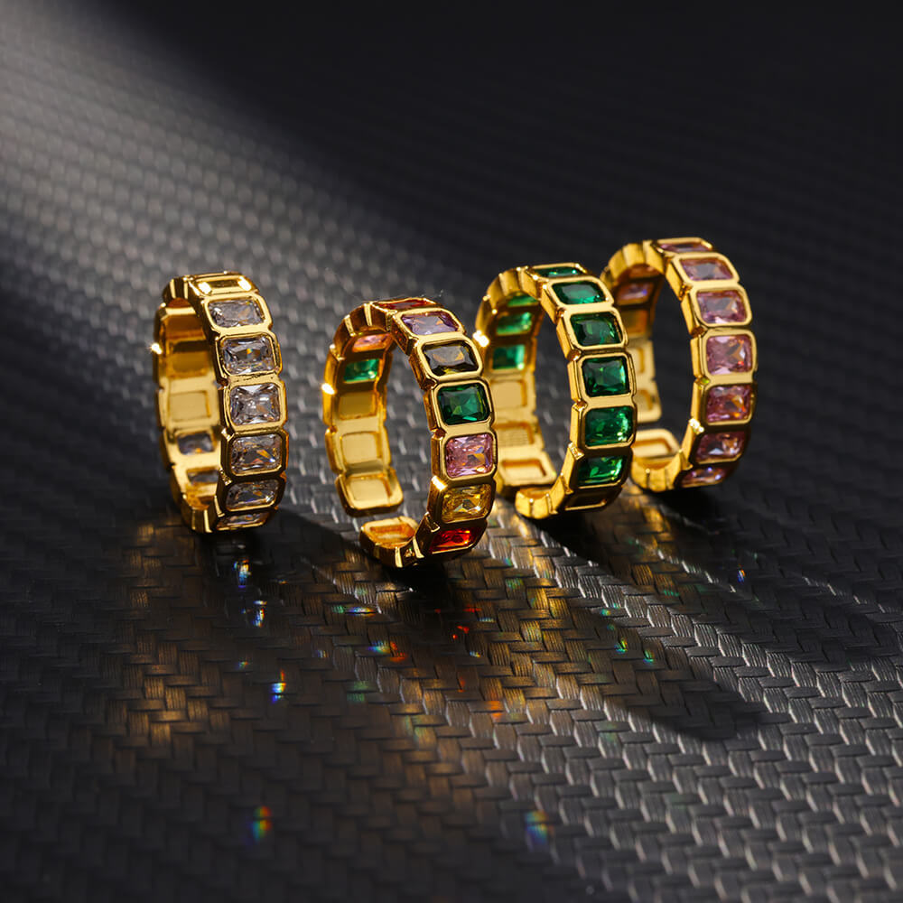 Womens Colorful Square Zircon Inlaid Open-End Ring